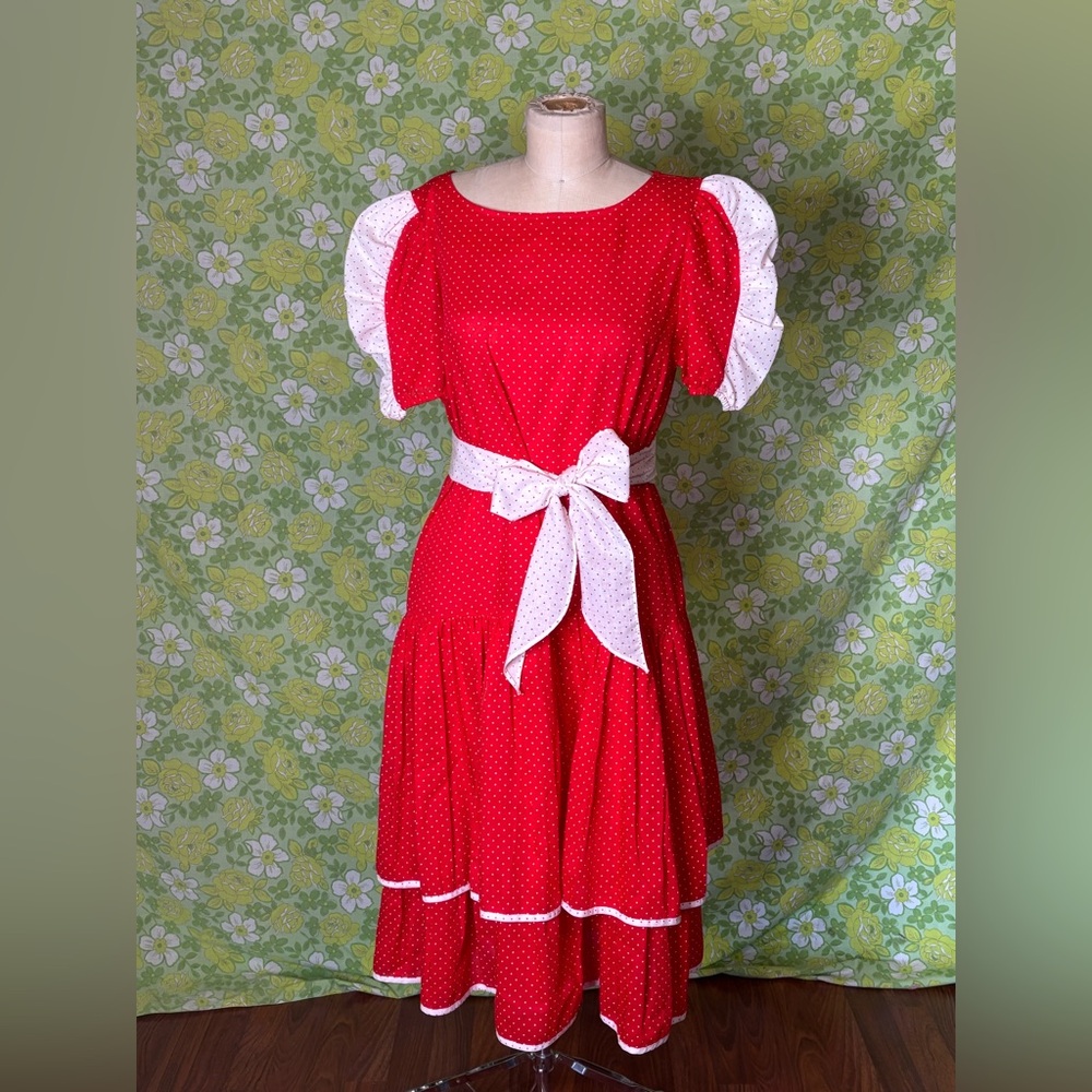 Vintage 80s Red Polka Dot Cottagecore Western Dress M/L Drop Waist Versatile